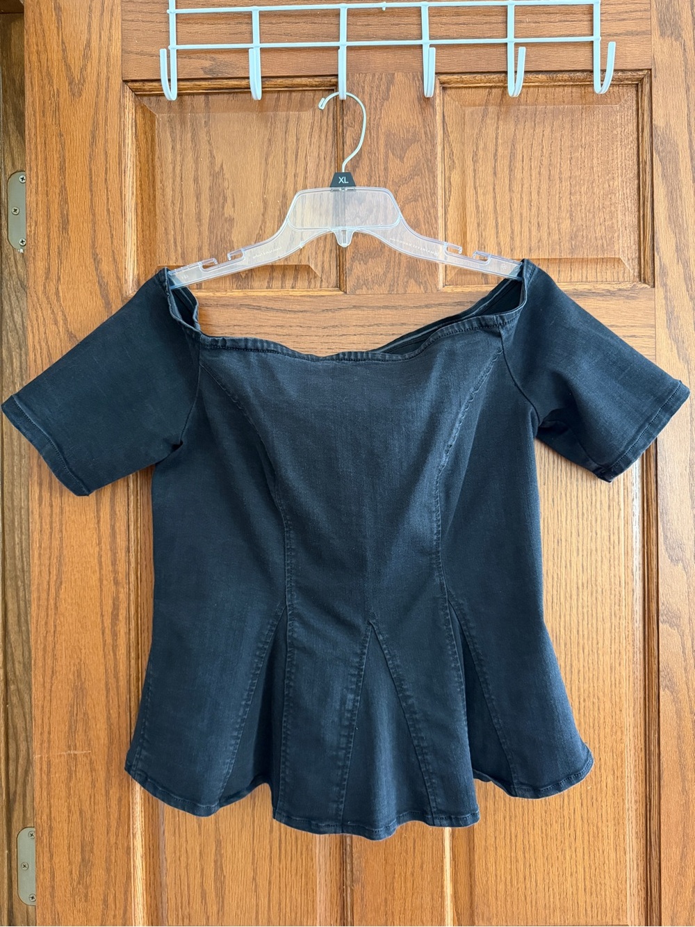 Thalia Off-Shoulder Washed Black Stretch Denim Peplum Top. Short Sleeve. Medium
